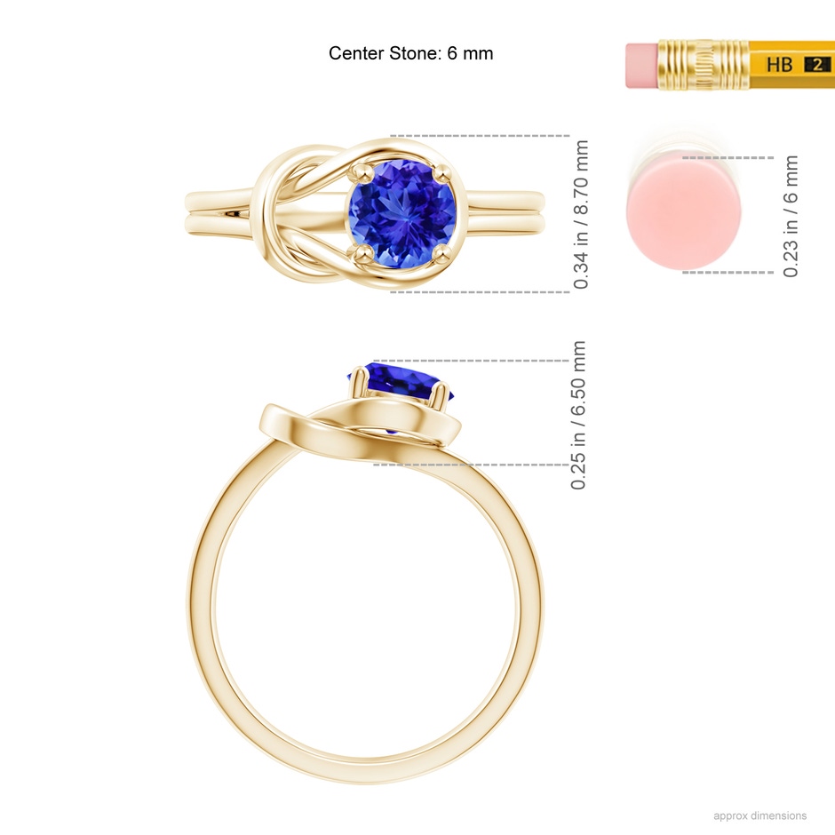 6mm AAA Solitaire Tanzanite Infinity Knot Ring in Yellow Gold ruler
