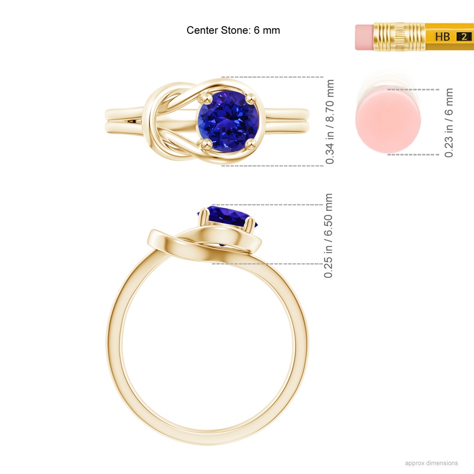 6mm AAAA Solitaire Tanzanite Infinity Knot Ring in Yellow Gold ruler