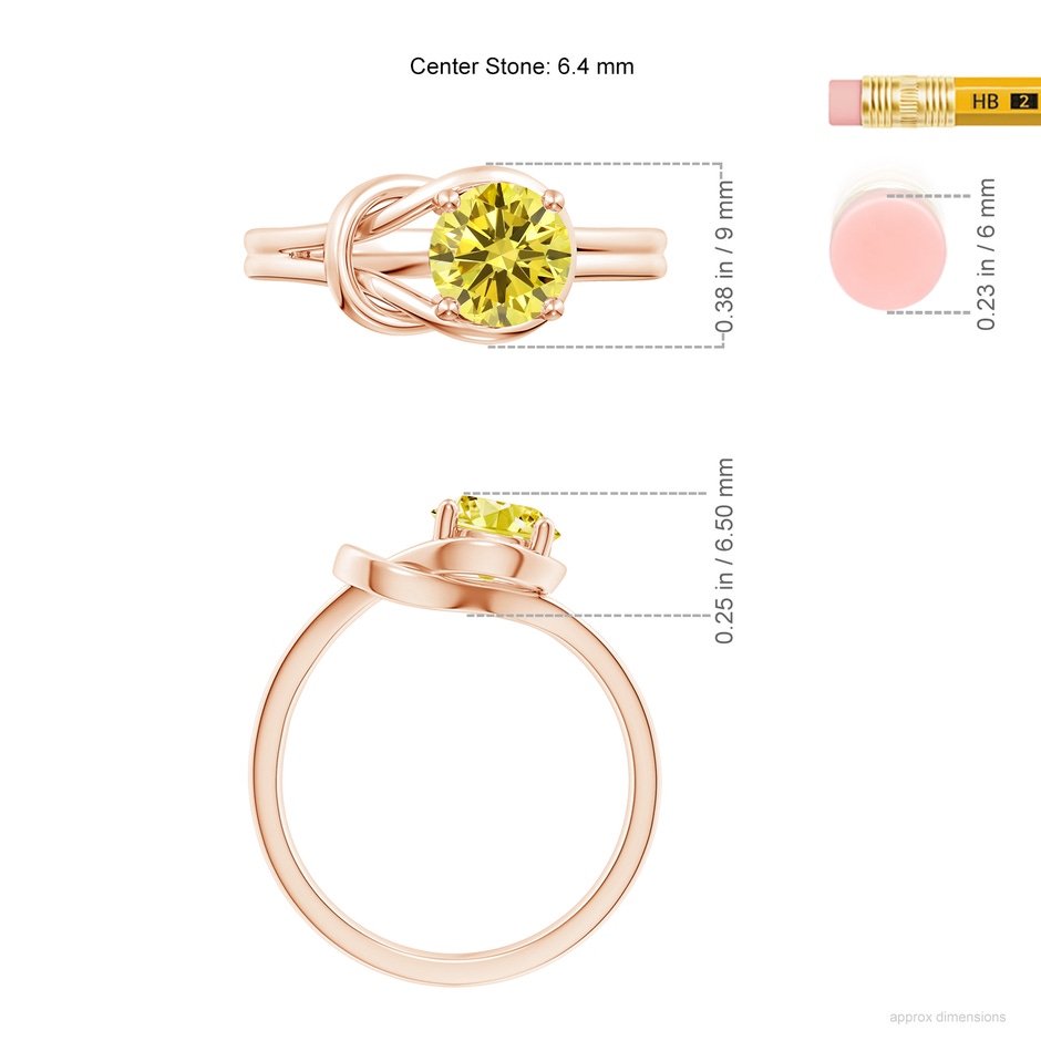 6.4mm AAAA Solitaire Fancy Intense Yellow Diamond Infinity Knot Ring in Rose Gold ruler