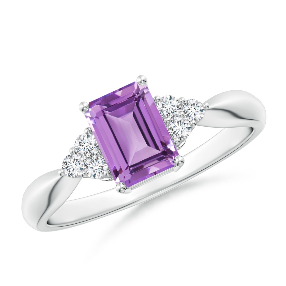 7x5mm A Emerald-Cut Amethyst Solitaire Ring with Trio Diamonds in White Gold 