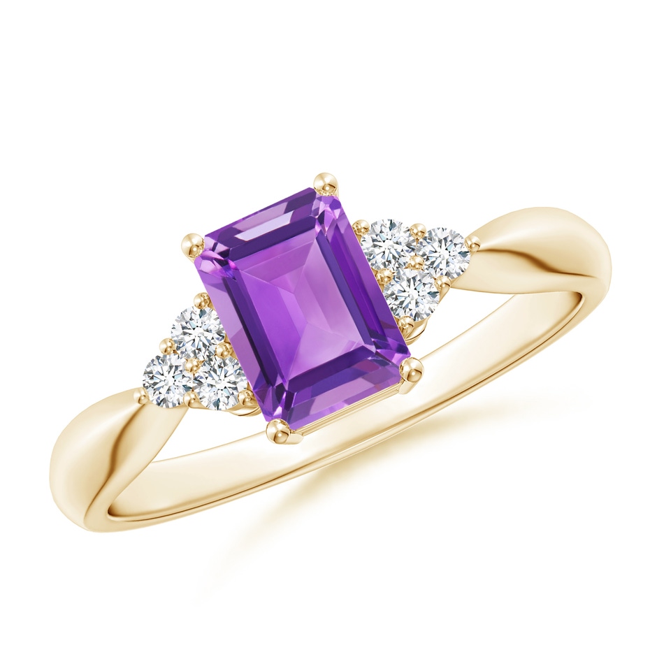 7x5mm AA Emerald-Cut Amethyst Solitaire Ring with Trio Diamonds in Yellow Gold 
