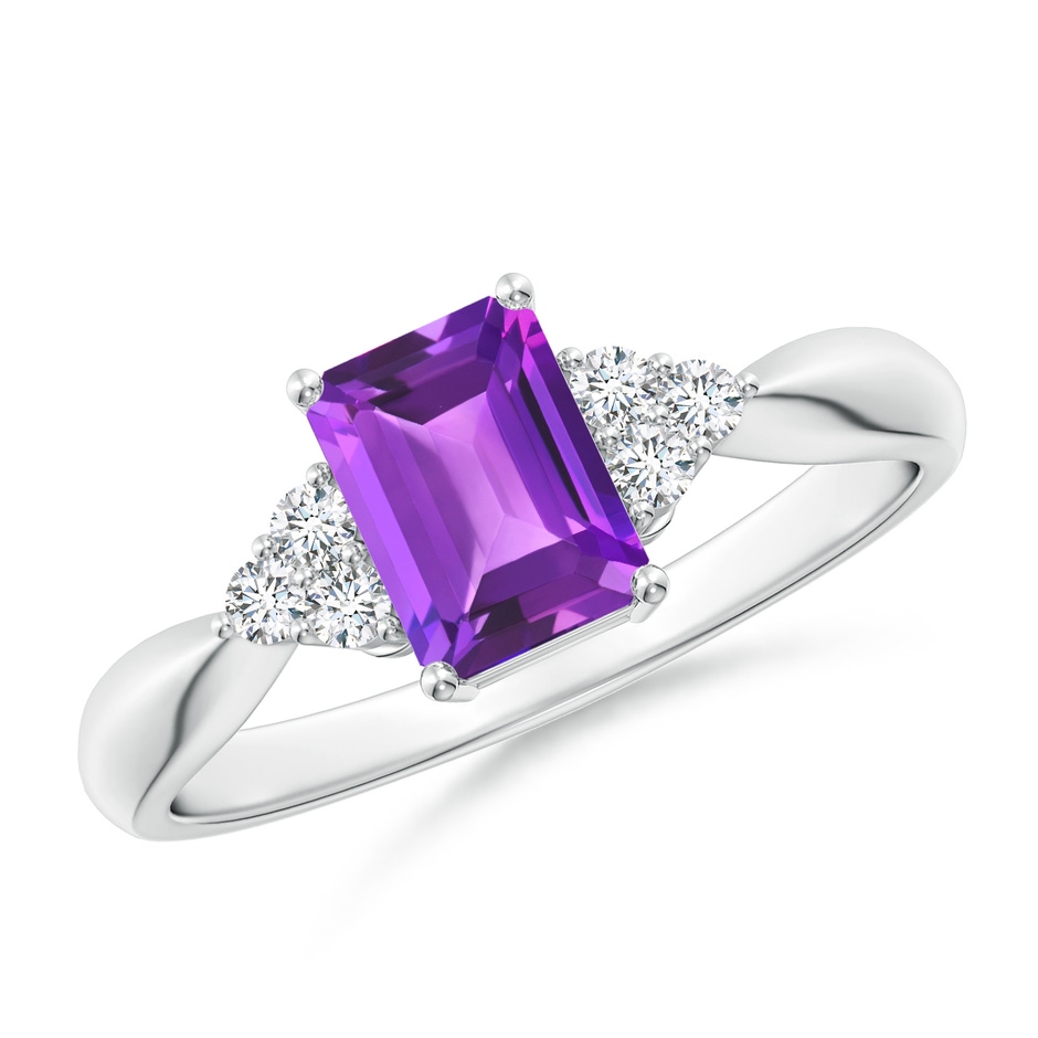 7x5mm AAA Emerald-Cut Amethyst Solitaire Ring with Trio Diamonds in White Gold 