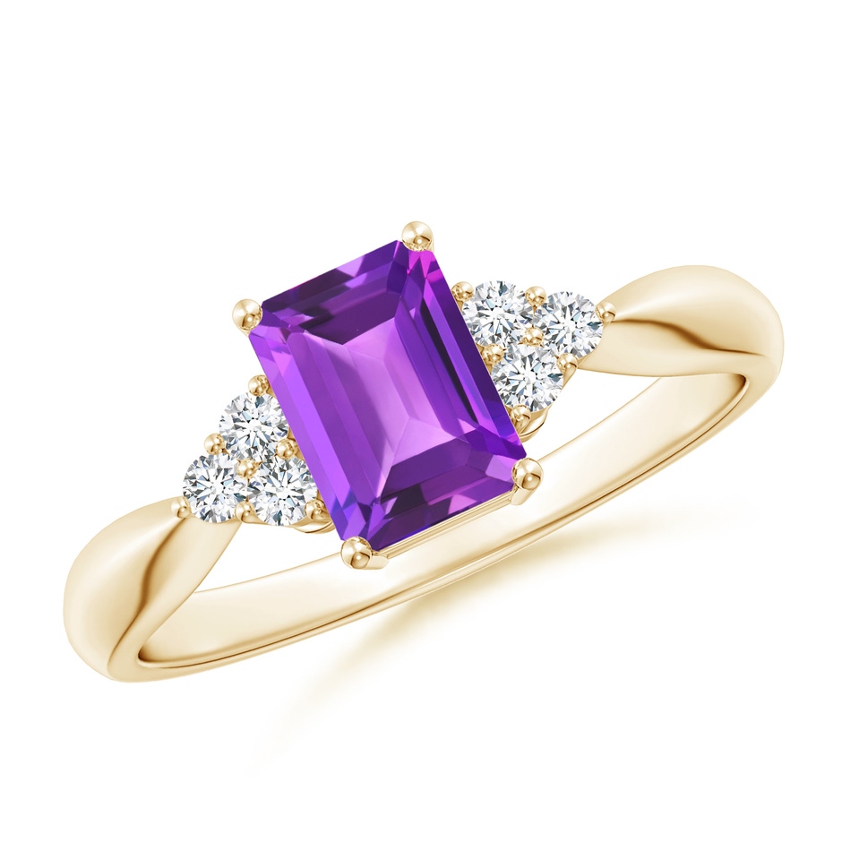 7x5mm AAA Emerald-Cut Amethyst Solitaire Ring with Trio Diamonds in Yellow Gold 