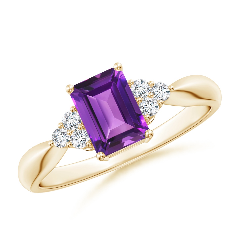 7x5mm AAAA Emerald-Cut Amethyst Solitaire Ring with Trio Diamonds in Yellow Gold 