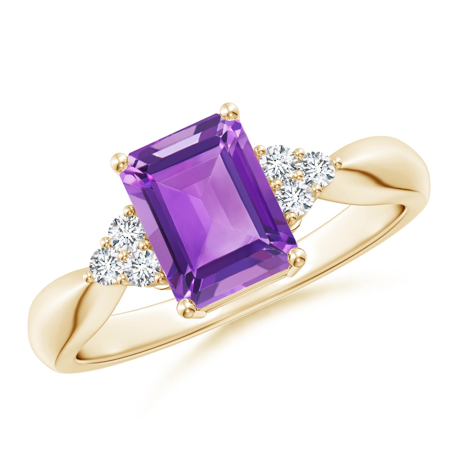 8x6mm AA Emerald-Cut Amethyst Solitaire Ring with Trio Diamonds in Yellow Gold 