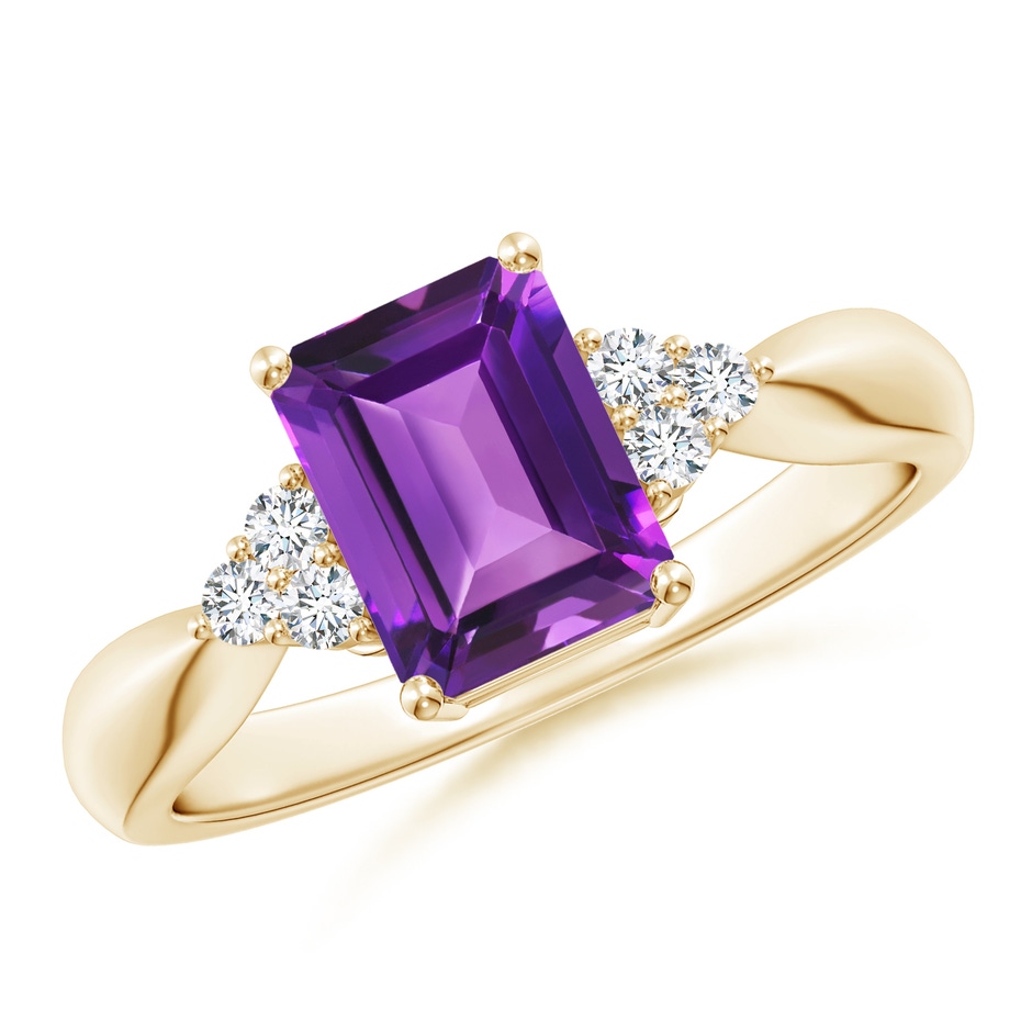 8x6mm AAAA Emerald-Cut Amethyst Solitaire Ring with Trio Diamonds in Yellow Gold 