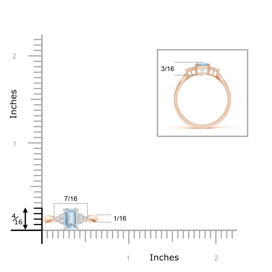 7x5mm A Emerald-Cut Aquamarine Ring with Trio Diamonds in Rose Gold ruler