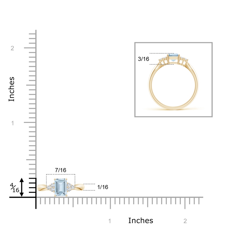 7x5mm A Emerald-Cut Aquamarine Ring with Trio Diamonds in Yellow Gold ruler