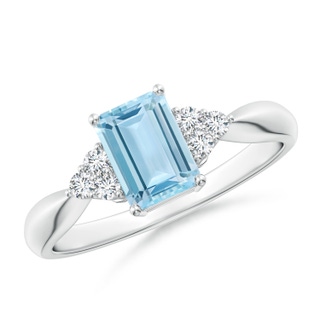 7x5mm AAA Emerald-Cut Aquamarine Ring with Trio Diamonds in 9K White Gold