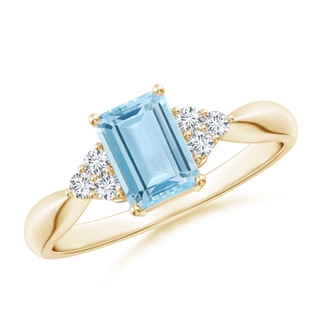 7x5mm AAA Emerald-Cut Aquamarine Ring with Trio Diamonds in Yellow Gold