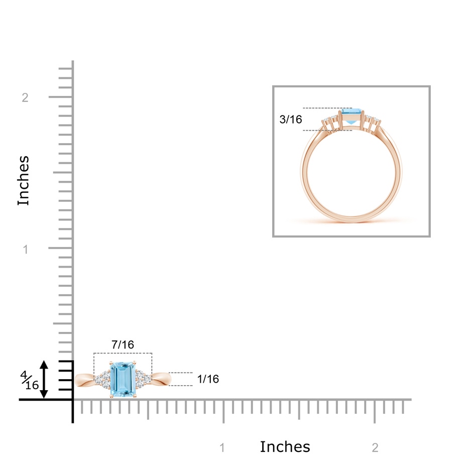7x5mm AAAA Emerald-Cut Aquamarine Ring with Trio Diamonds in Rose Gold ruler