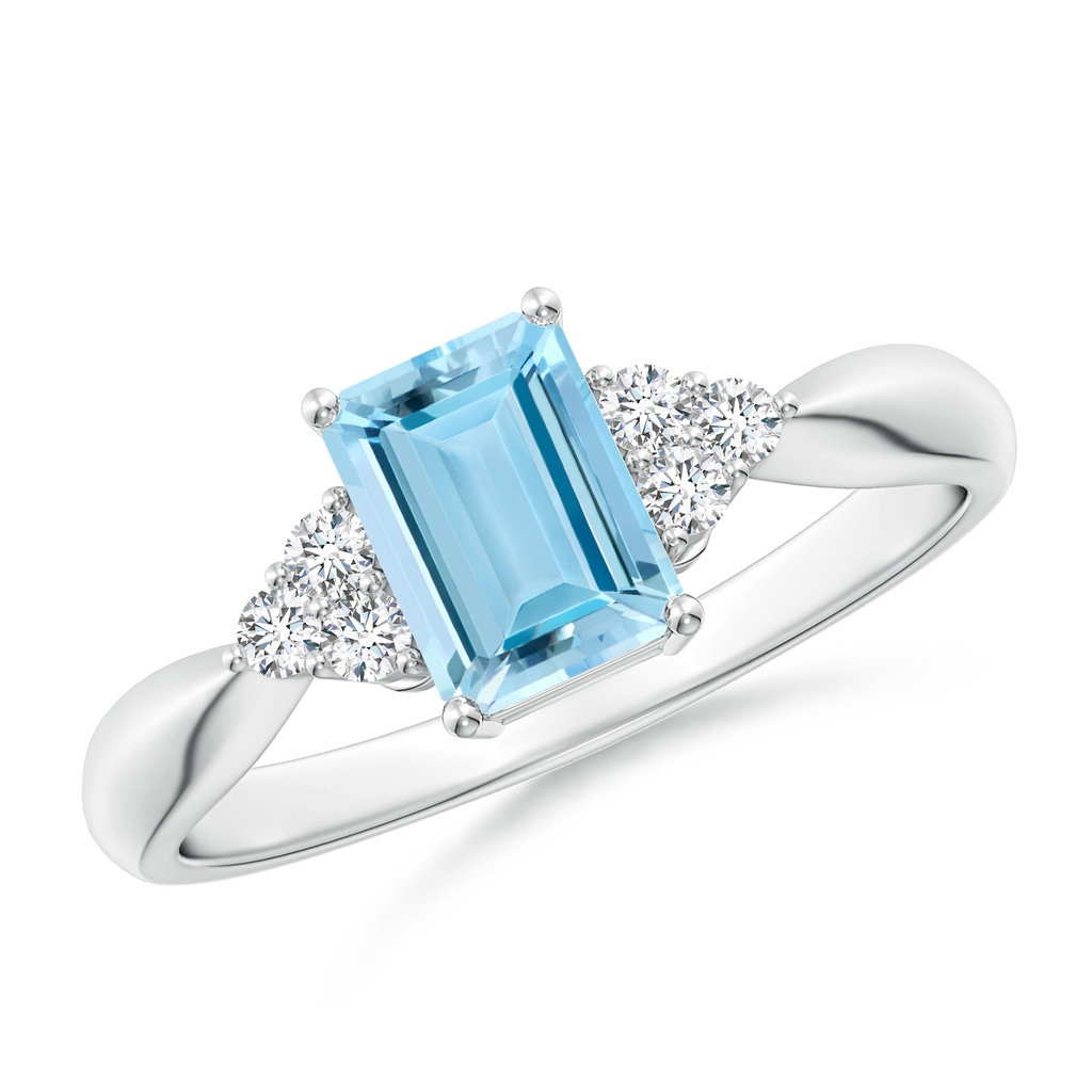 7x5mm AAAA Emerald-Cut Aquamarine Ring with Trio Diamonds in White Gold