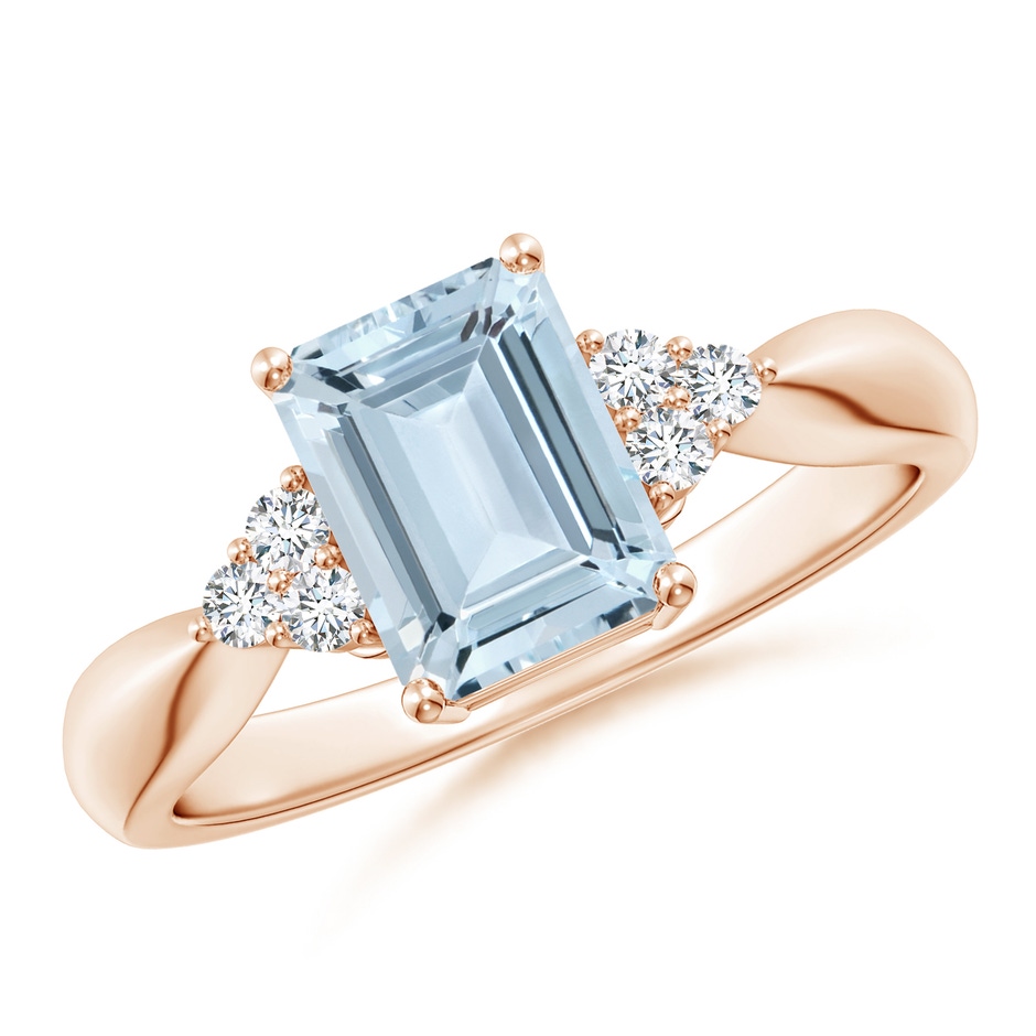 8x6mm A Emerald-Cut Aquamarine Ring with Trio Diamonds in Rose Gold 