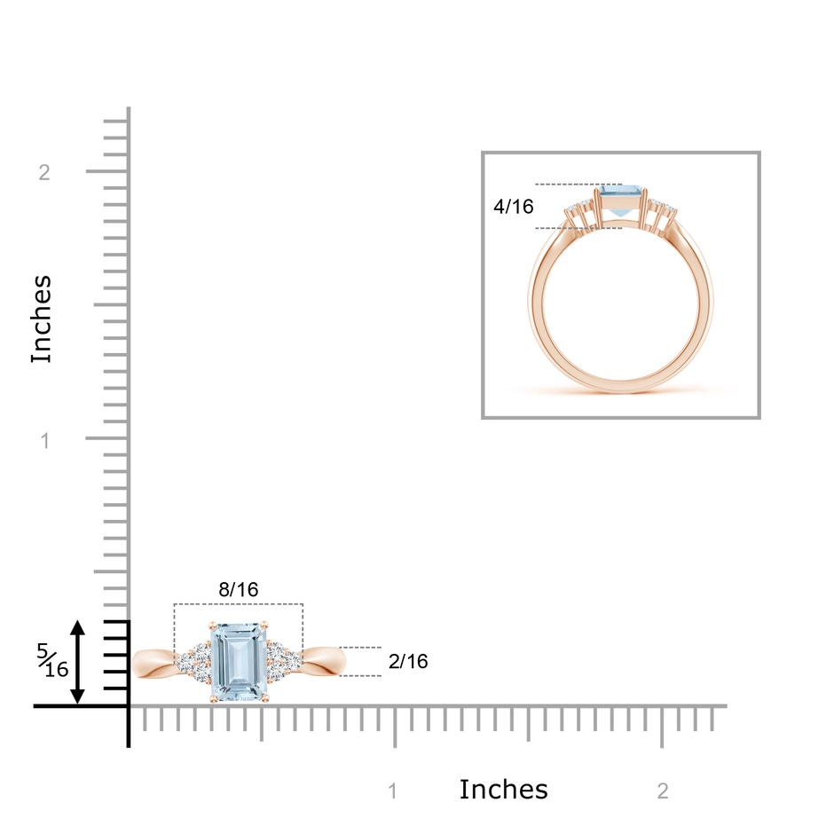 8x6mm A Emerald-Cut Aquamarine Ring with Trio Diamonds in Rose Gold ruler
