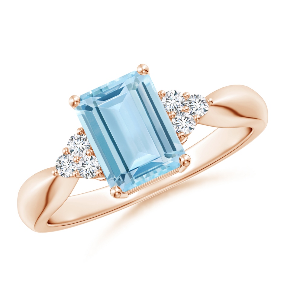8x6mm AAA Emerald-Cut Aquamarine Ring with Trio Diamonds in Rose Gold 