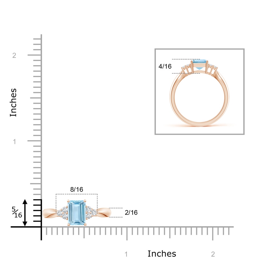 8x6mm AAA Emerald-Cut Aquamarine Ring with Trio Diamonds in Rose Gold ruler