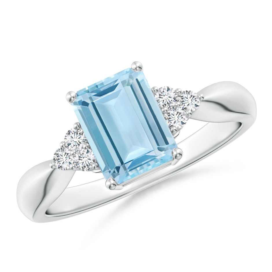 8x6mm AAA Emerald-Cut Aquamarine Ring with Trio Diamonds in White Gold 