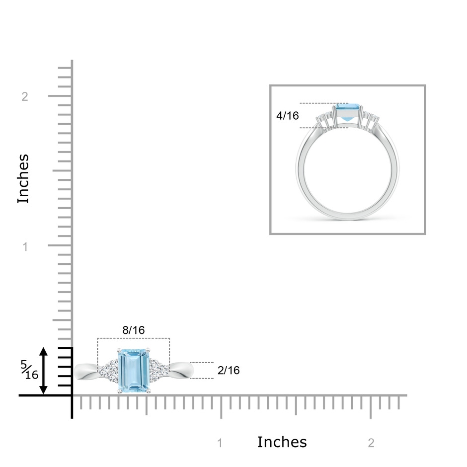 8x6mm AAA Emerald-Cut Aquamarine Ring with Trio Diamonds in White Gold ruler