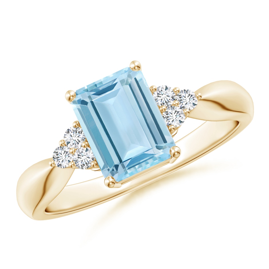 8x6mm AAA Emerald-Cut Aquamarine Ring with Trio Diamonds in Yellow Gold 