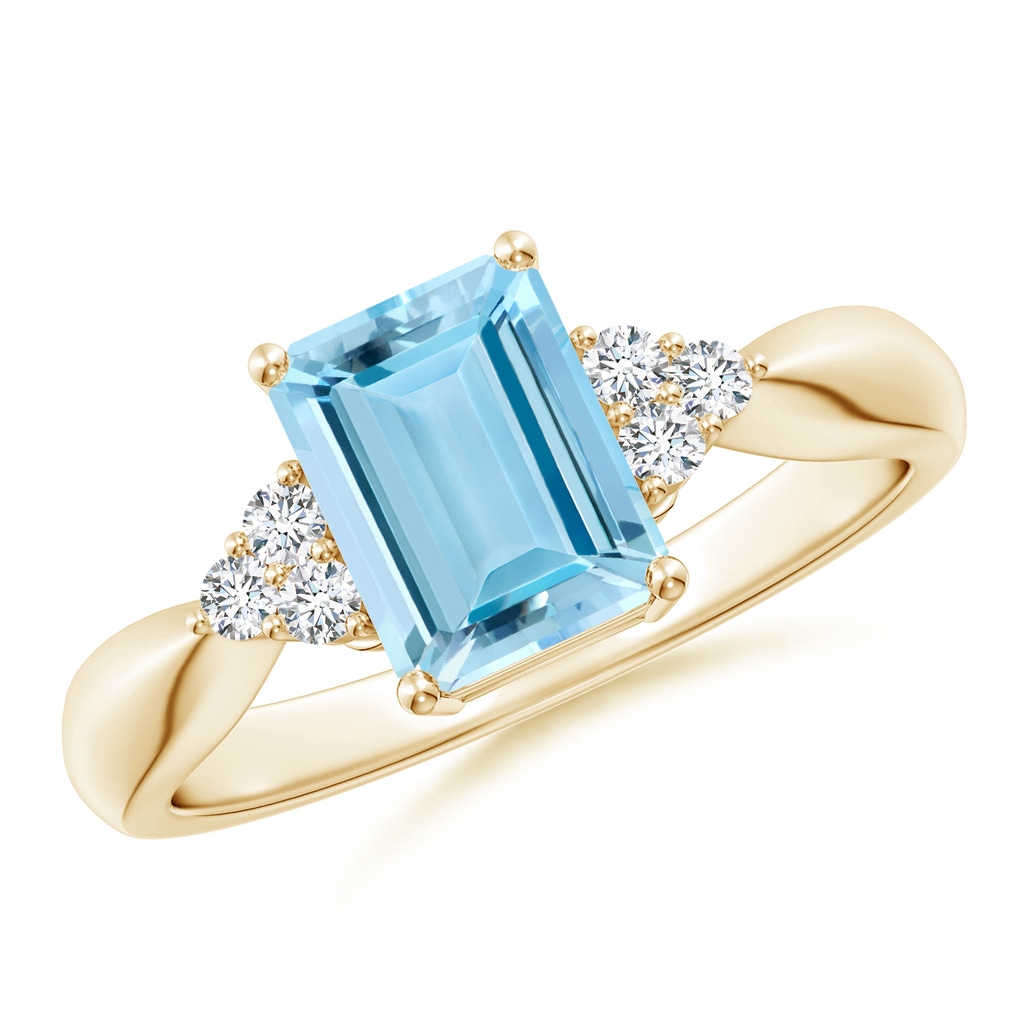 8x6mm AAAA Emerald-Cut Aquamarine Ring with Trio Diamonds in 10K Yellow Gold