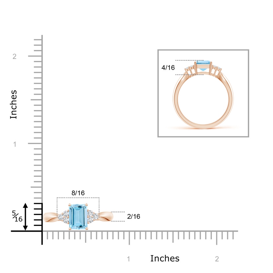 8x6mm AAAA Emerald-Cut Aquamarine Ring with Trio Diamonds in Rose Gold ruler