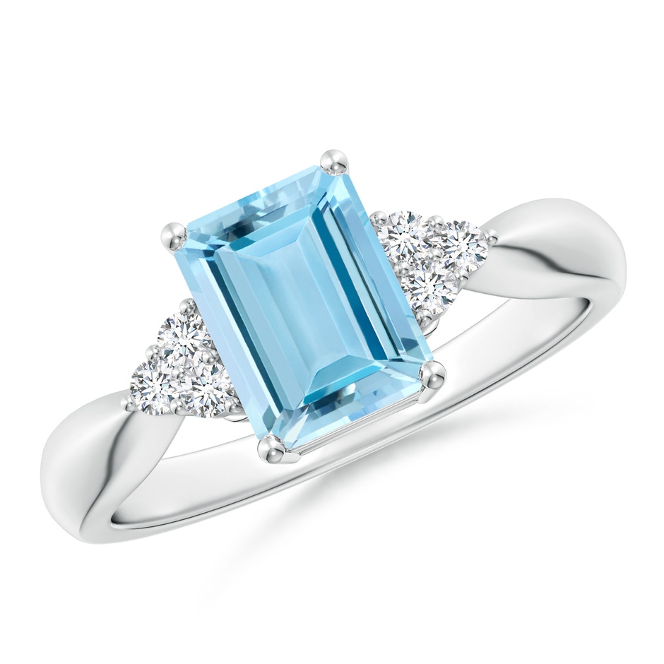 8x6mm AAAA Emerald-Cut Aquamarine Ring with Trio Diamonds in White Gold 