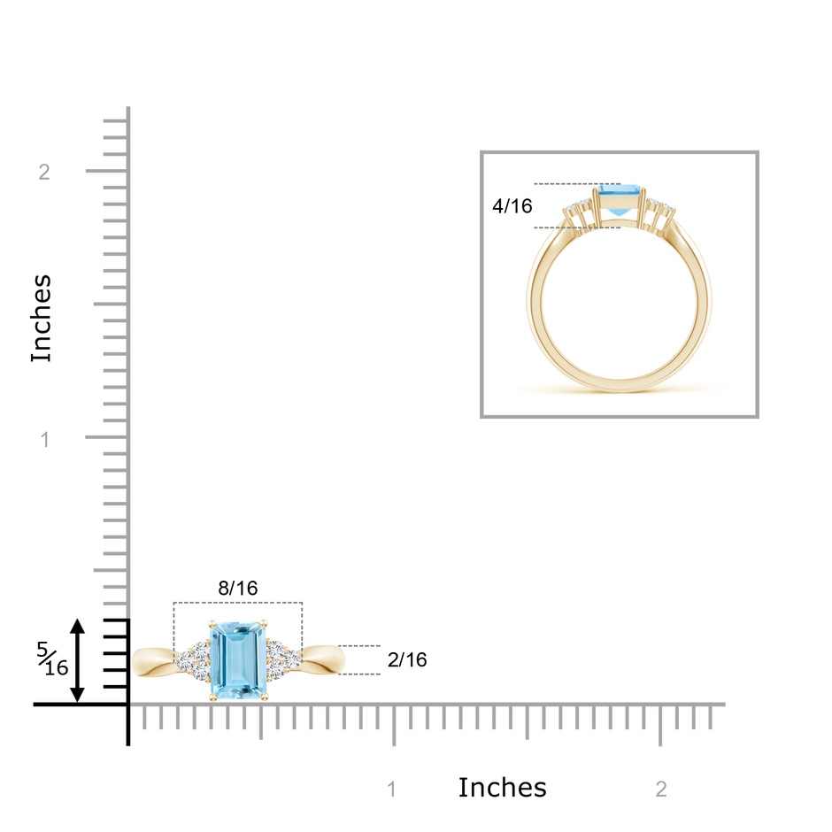 8x6mm AAAA Emerald-Cut Aquamarine Ring with Trio Diamonds in Yellow Gold ruler