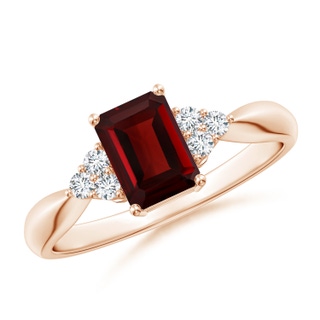 7x5mm AAA Emerald-Cut Garnet Ring with Trio Diamonds in 9K Rose Gold