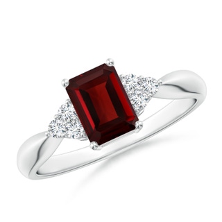 7x5mm AAA Emerald-Cut Garnet Ring with Trio Diamonds in White Gold