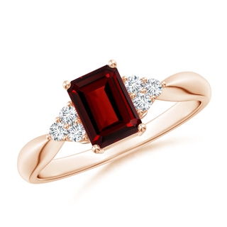 7x5mm AAAA Emerald-Cut Garnet Ring with Trio Diamonds in Rose Gold