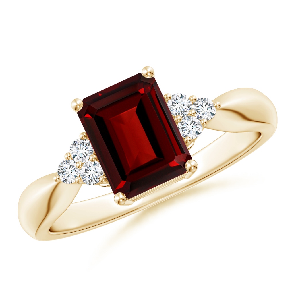 8x6mm AAAA Emerald-Cut Garnet Ring with Trio Diamonds in Yellow Gold