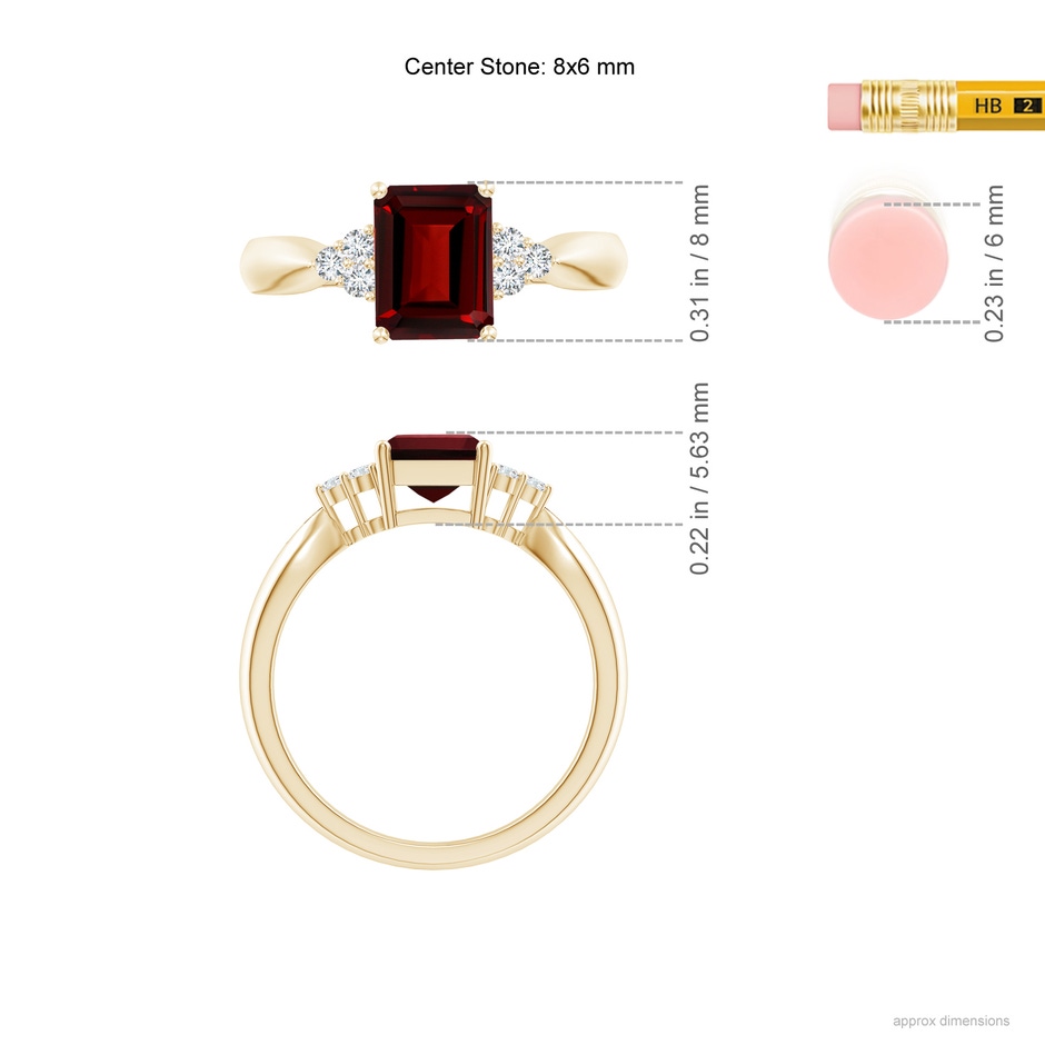 8x6mm AAAA Emerald-Cut Garnet Ring with Trio Diamonds in Yellow Gold ruler