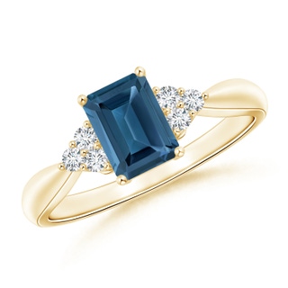7x5mm AA Emerald-Cut London Blue Topaz Ring with Trio Diamonds in 9K Yellow Gold