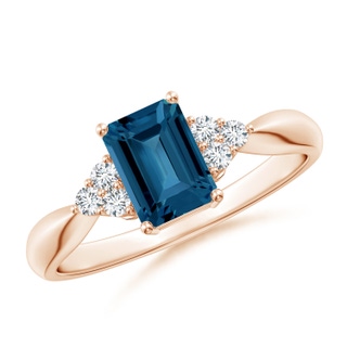 7x5mm AAA Emerald-Cut London Blue Topaz Ring with Trio Diamonds in Rose Gold