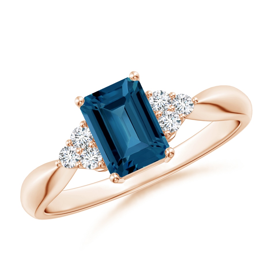 7x5mm AAA Emerald-Cut London Blue Topaz Ring with Trio Diamonds in Rose Gold 