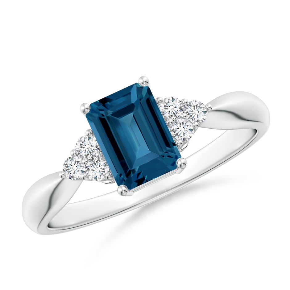 7x5mm AAA Emerald-Cut London Blue Topaz Ring with Trio Diamonds in White Gold 