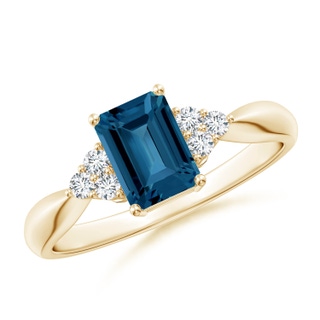 7x5mm AAA Emerald-Cut London Blue Topaz Ring with Trio Diamonds in Yellow Gold