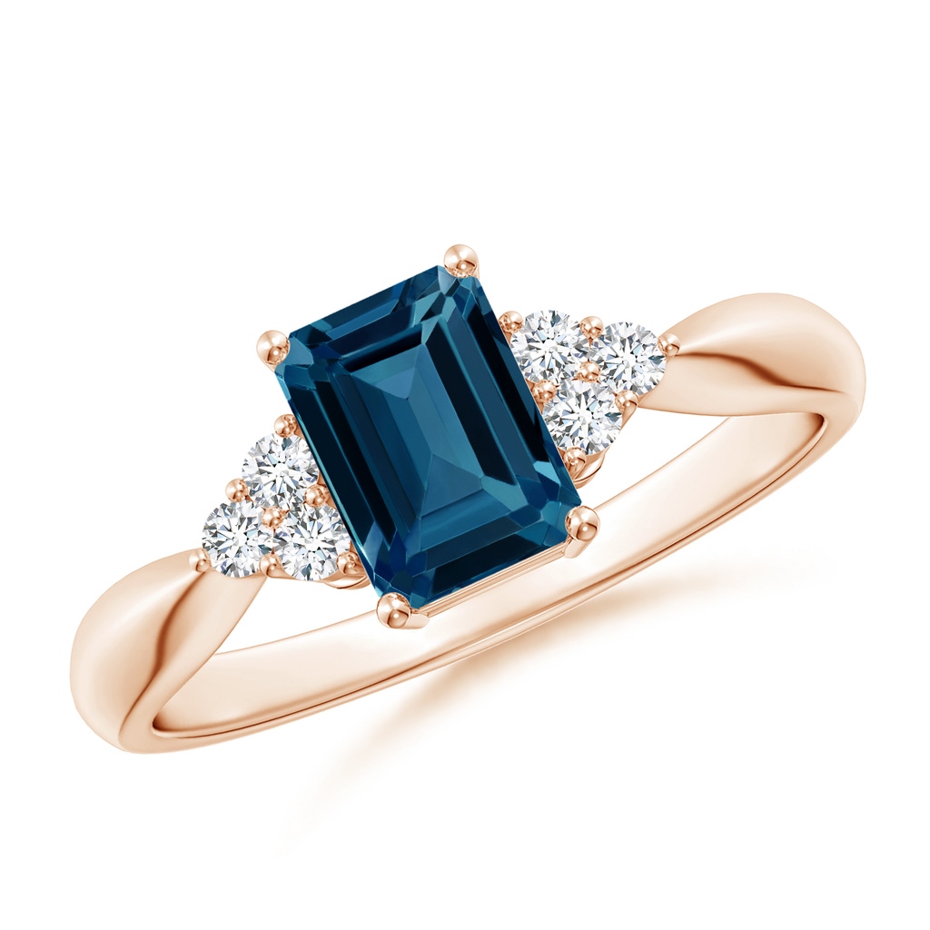 7x5mm AAAA Emerald-Cut London Blue Topaz Ring with Trio Diamonds in Rose Gold