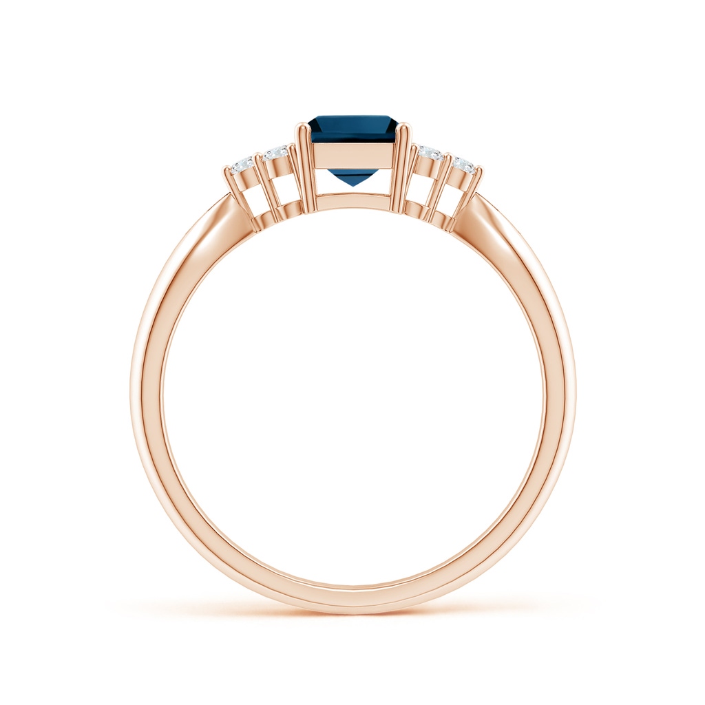 7x5mm AAAA Emerald-Cut London Blue Topaz Ring with Trio Diamonds in Rose Gold Product Image