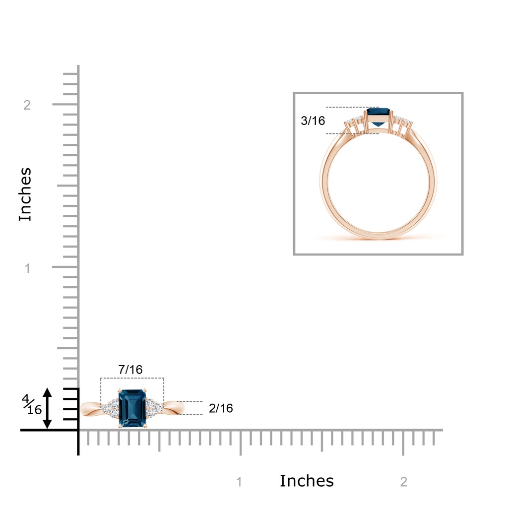 7x5mm AAAA Emerald-Cut London Blue Topaz Ring with Trio Diamonds in Rose Gold Product Image