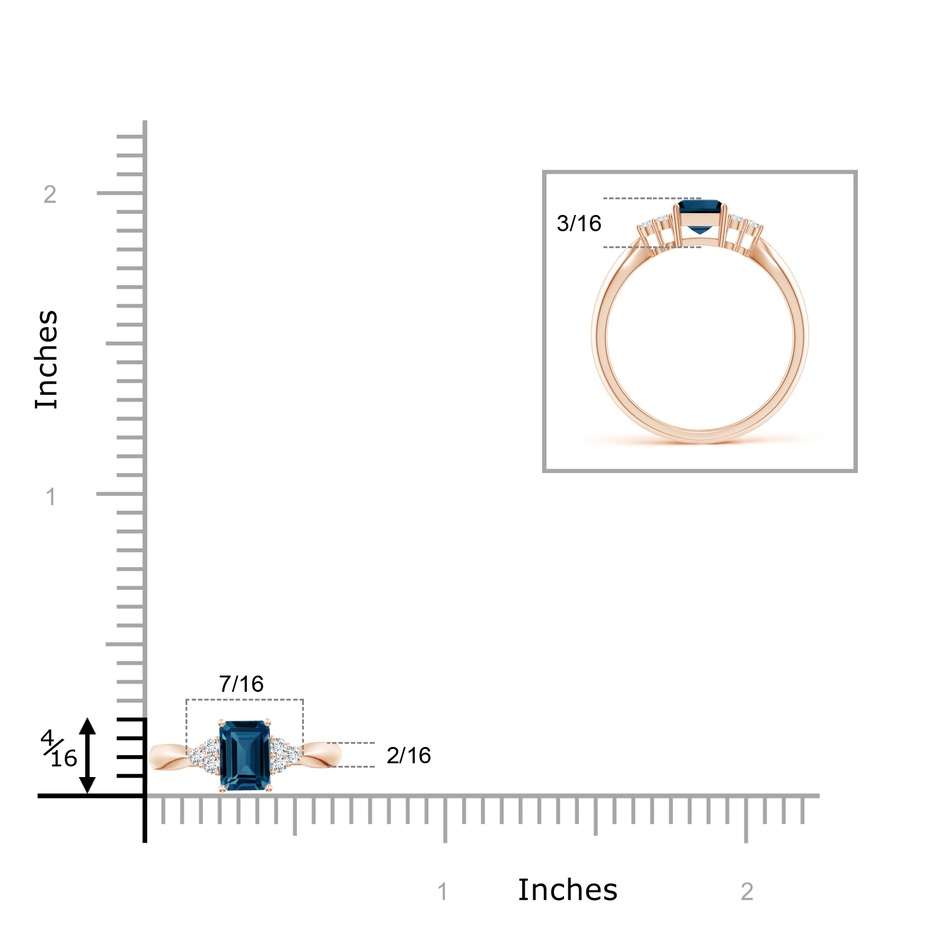 7x5mm AAAA Emerald-Cut London Blue Topaz Ring with Trio Diamonds in Rose Gold product image