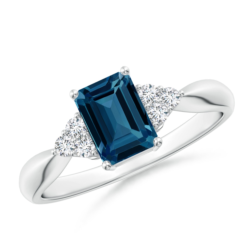 7x5mm AAAA Emerald-Cut London Blue Topaz Ring with Trio Diamonds in White Gold