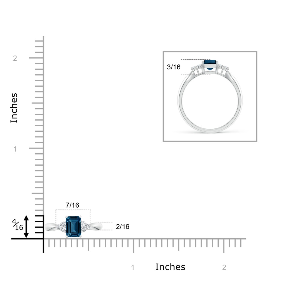 7x5mm AAAA Emerald-Cut London Blue Topaz Ring with Trio Diamonds in White Gold product image