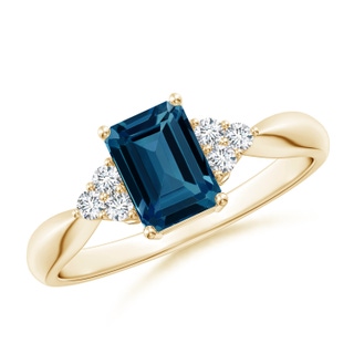 7x5mm AAAA Emerald-Cut London Blue Topaz Ring with Trio Diamonds in Yellow Gold