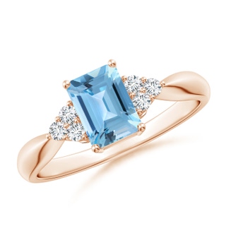 7x5mm A Emerald-Cut Swiss Blue Topaz Ring with Trio Diamonds in 9K Rose Gold