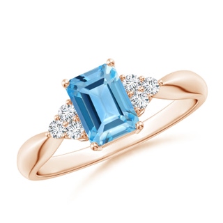 7x5mm AA Emerald-Cut Swiss Blue Topaz Ring with Trio Diamonds in 9K Rose Gold