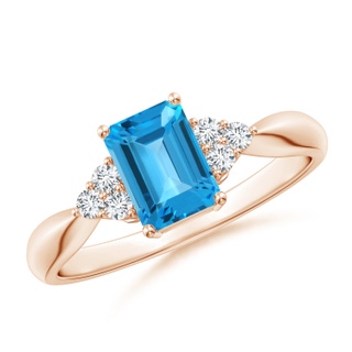 7x5mm AAA Emerald-Cut Swiss Blue Topaz Ring with Trio Diamonds in 9K Rose Gold