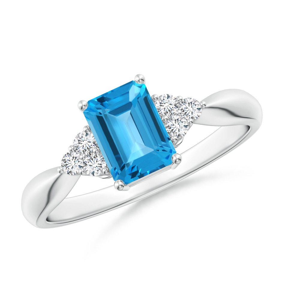 7x5mm AAA Emerald-Cut Swiss Blue Topaz Ring with Trio Diamonds in White Gold 