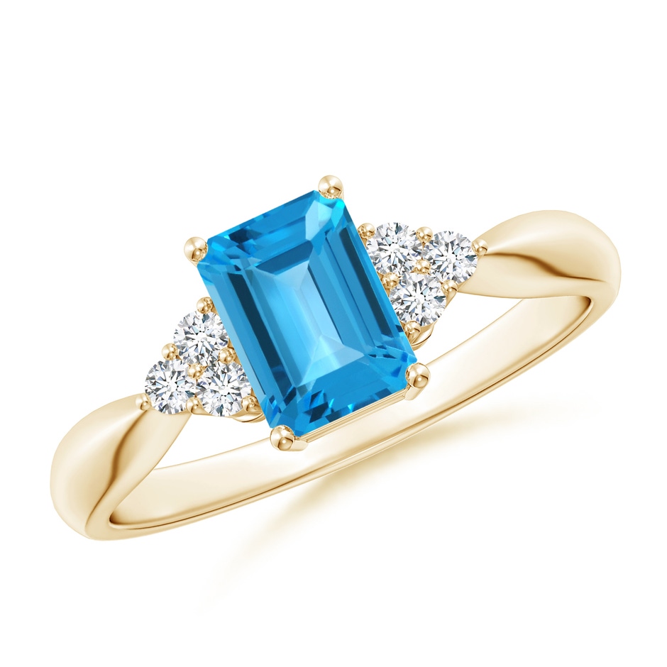 7x5mm AAA Emerald-Cut Swiss Blue Topaz Ring with Trio Diamonds in Yellow Gold 