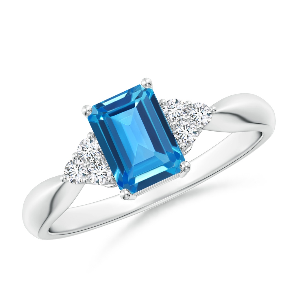 7x5mm AAAA Emerald-Cut Swiss Blue Topaz Ring with Trio Diamonds in P950 Platinum